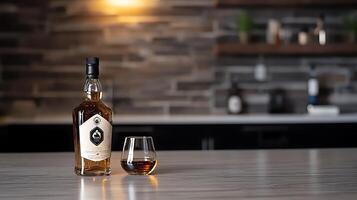 A bottle of whiskey and a glass on a marble countertop in a modern kitchen setting photo