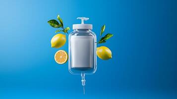 A clear bottle with a pump surrounded by fresh lemons and a lemon slice on a vibrant blue background photo