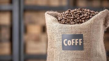 A burlap sack filled with coffee beans, placed in a rustic setting with wooden background elements photo