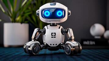 A robot with glowing eyes sits on a table photo