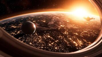 A breathtaking view of Earth from space with planets and a spaceship near sunrise photo