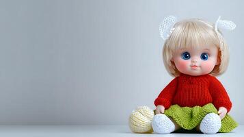 A charming knitted doll with blue eyes and a red sweater sitting beside a yarn ball photo