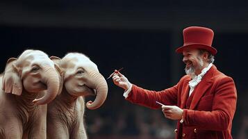 A circus performer in a red coat entertains two elephants with a colorful prop in a lively arena photo