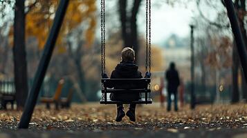 A child on a swing in a serene park during autumn, with a blurred figure in the background photo