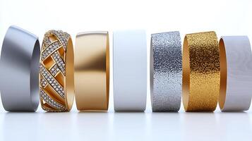 A collection of elegant rings showcasing various materials and textures against a bright background photo