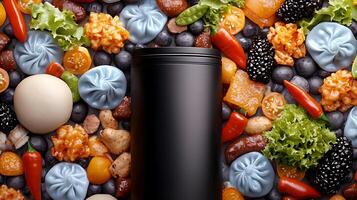 A black cylindrical container surrounded by an array of colorful gourmet snacks and ingredients photo