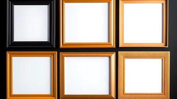 A collection of empty picture frames arranged in a grid, showcasing various styles and finishes photo