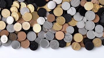 A close-up view of a diverse collection of coins scattered on a surface, showcasing their unique designs and textures photo