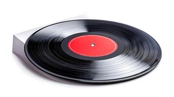 A close-up view of a vinyl record on a sleek white stand, showcasing its shiny surface and red label photo