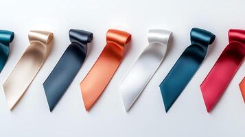 A collection of elegantly arranged satin ribbons in various colors on a smooth surface photo
