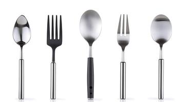 A collection of five modern utensils including spoons and forks arranged neatly on a white background photo