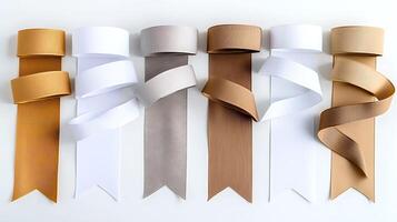 A collection of colorful ribbon rolls arranged neatly, showcasing various textures and colors photo
