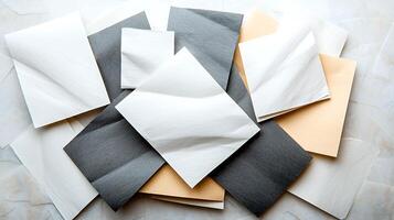 A collection of assorted crumpled papers in various colors scattered on a light surface photo