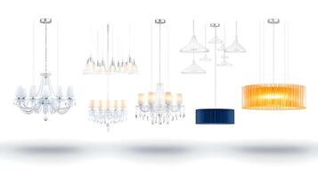 A collection of elegant chandeliers showcasing various designs and styles in a bright setting photo