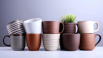 A collection of ceramic mugs in various colors and patterns stacked on a table with greenery photo