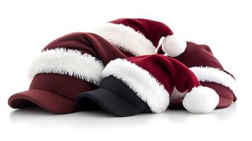 A collection of festive Santa hats in various colors and styles arranged artistically on a white background, ideal for holiday-themed projects photo