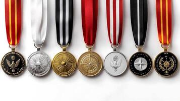 A collection of diverse medals displayed in a row, showcasing various designs and colors photo