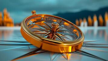 A close-up view of a golden compass resting on a reflective surface with a blurred mountainous background photo