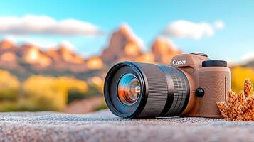 A close-up view of a camera resting on sandy terrain with mountains in the background at sunset photo