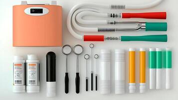 A collection of dental tools and materials neatly arranged on a surface for professional use photo