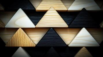 A close-up view of interlocking wooden triangular blocks arranged in a geometric pattern photo
