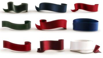 A collection of colorful ribbons in various shapes and textures displayed on a white background photo