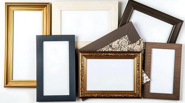 A collection of various empty picture frames in different styles and colors arranged artistically photo