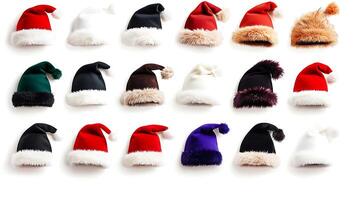 A colorful assortment of festive hats arranged neatly, showcasing various styles and colors for holiday celebrations photo