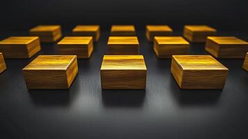 A collection of wooden blocks arranged in a grid on a dark surface, showcasing texture and symmetry photo