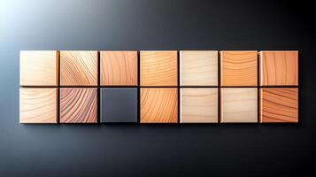 A collection of wooden texture samples arranged in a grid on a dark background, showcasing craftsmanship photo