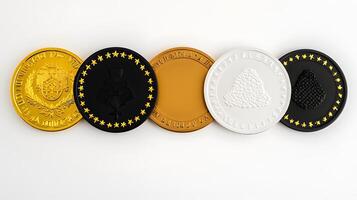A collection of five distinct coins arranged in a row, showcasing unique designs and colors photo