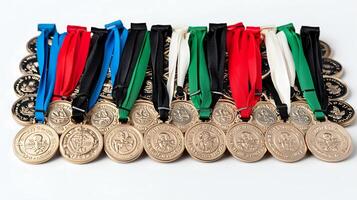 A collection of gold medals with colorful ribbons displayed on a white background, symbolizing achievement photo