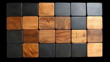 A collection of wooden tiles showcasing various textures and colors arranged in a grid pattern photo