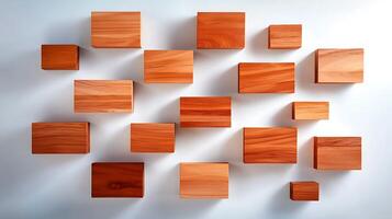 A collection of wooden blocks arranged artistically on a light background, showcasing texture and color photo