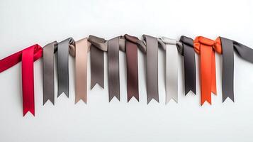 A colorful assortment of satin ribbons arranged horizontally on a white background, showcasing various textures photo