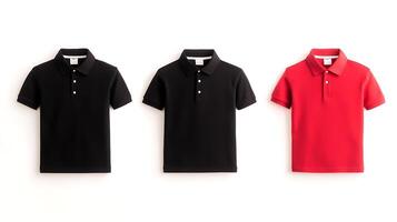 A collection of three polo shirts in black and red displayed against a white background photo