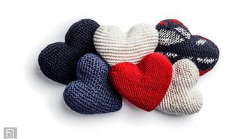 A collection of knitted heart-shaped cushions in various colors and patterns on a white background photo