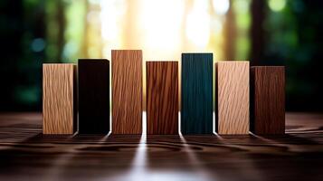 Wooden blocks on a table with sunlight shining through photo