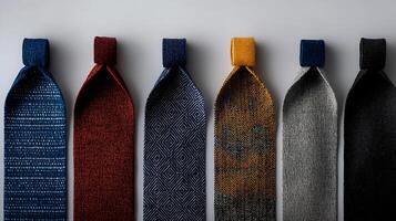 A collection of vibrant ties arranged neatly, showcasing various patterns and textures on a light background photo