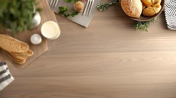 A cozy breakfast setting featuring bread, herbs, and milk on a wooden table with a serene atmosphere photo