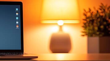 A cozy workspace featuring a laptop, warm lamp, and a green plant in the background photo