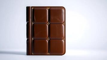 A creatively designed chocolate bar notebook standing upright against a clean white backdrop photo