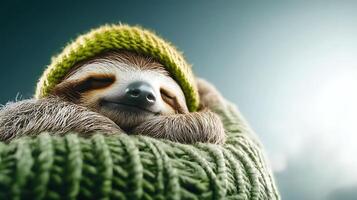 A sloth sleeping in a green knitted hat photo
