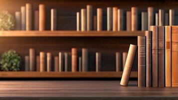 A cozy library scene with neatly arranged books on wooden shelves, warm lighting, and greenery photo