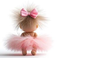 A cute doll with fluffy hair and a pink tutu stands against a white background, evoking nostalgia photo