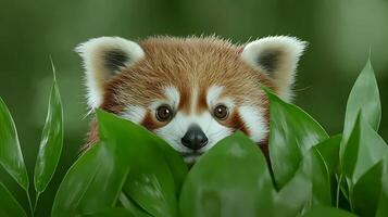 A red panda is peeking out from behind some green leaves photo