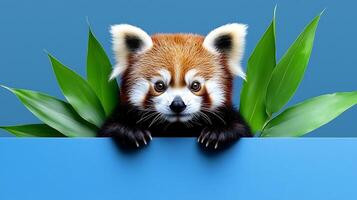 A red panda is peeking out from behind a blue sign photo