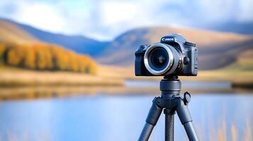 A camera on a tripod in front of a lake photo