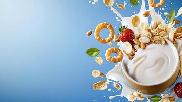 Cereal and milk with fruit and nuts photo