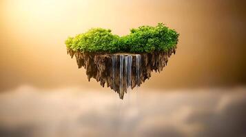 A heart shaped island with a waterfall and trees photo